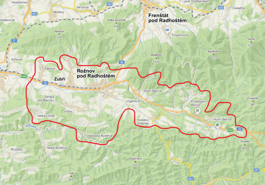 mapa Rožnov a okolí